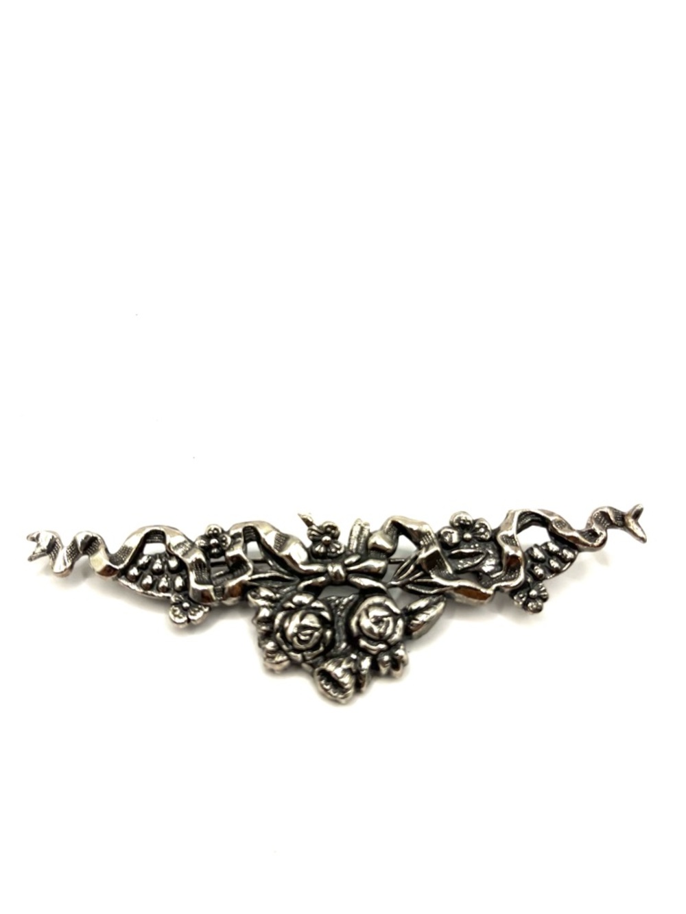 Vintage Bar Brooch Floral Ribbon Brooch Victorian Silver Tone